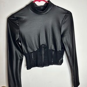 SXY BLK Stand Collar Contrast Mesh Crop Leather Tee